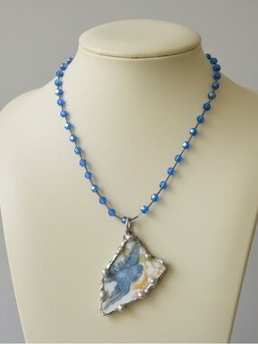 Homer Laughlin Blue Bird China Pendant, Silver-Blend Metalwork Crystal Necklace
